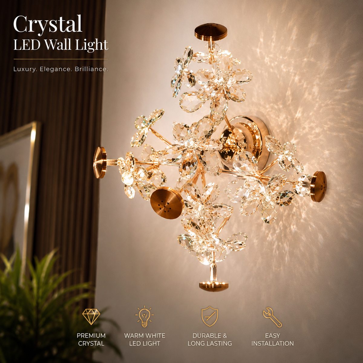 Radiant Bloom Crystal LED Wall Light - Premium Gold Finish