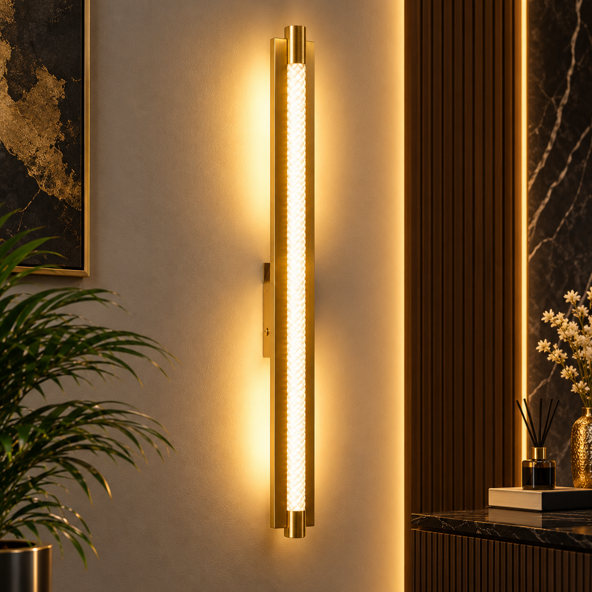 Premium Brass LED Wall Light – Modern Golden Textured Linear Sconce