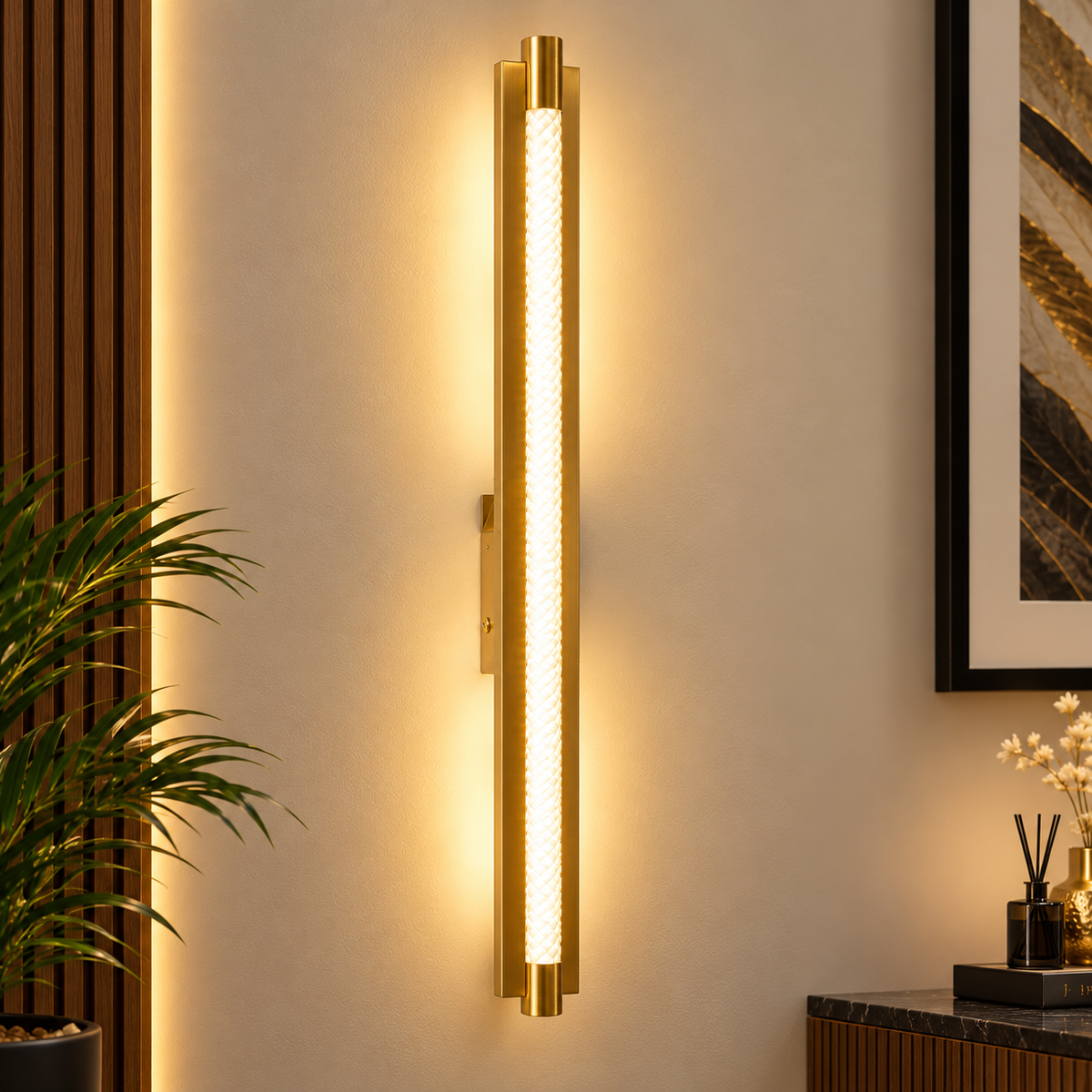 Premium Brass LED Wall Light – Modern Golden Textured Linear Sconce